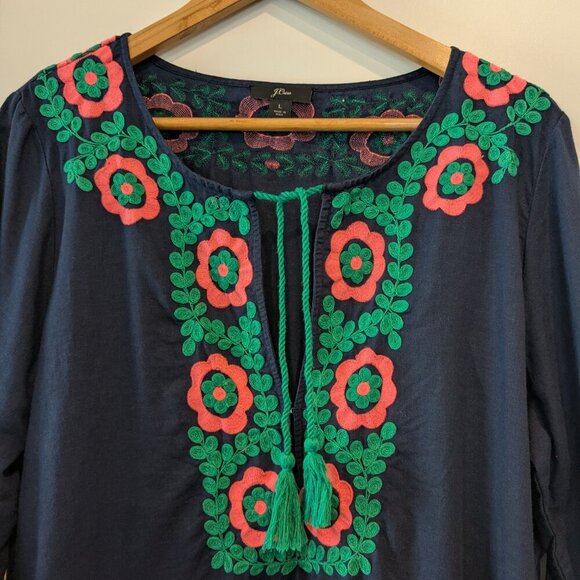J. Crew Dress Large Blue Embroidered Beach Tunic Cover-up Tassels Linen-Blend - Picture 11 of 16